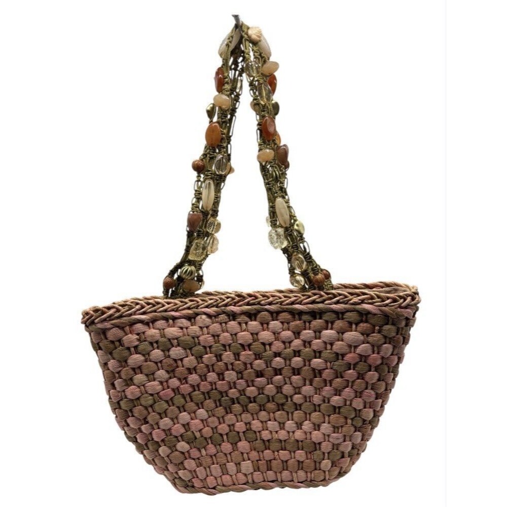 Cappelli Straworld Raffia Straw Bag Purse Beaded Crystals Shoulder Handle Y2K